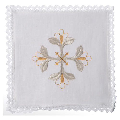 Altar linens set, 100% linen with cross and flowers 1