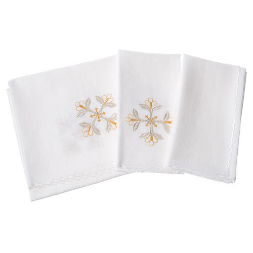 Altar linens set, 100% linen with cross and flowers 2