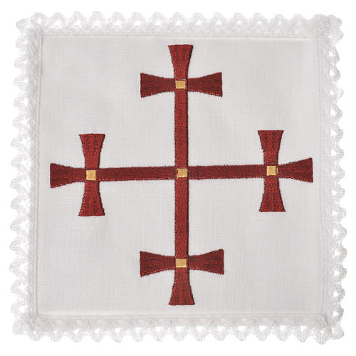 Altar linens set, 100% linen with burgundy cross 1