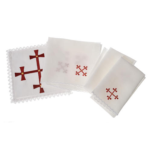 Altar linens set, 100% linen with burgundy cross 2