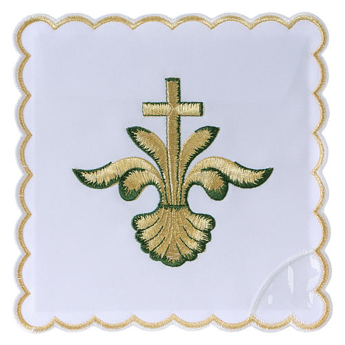 Servizio da altare cotone croce barocca dorata sfumature verdi 1