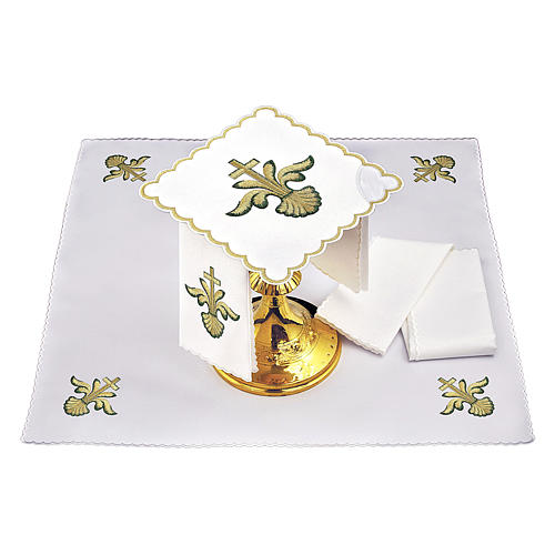 Conjunto alfaia litúrgica algodão cruz barroca dourada gradiente verde 2