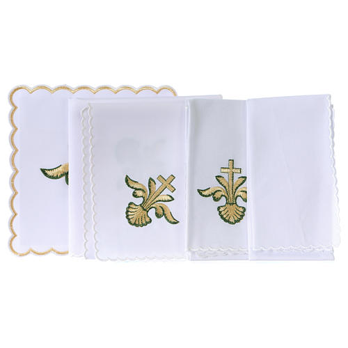 Conjunto alfaia litúrgica algodão cruz barroca dourada gradiente verde 3
