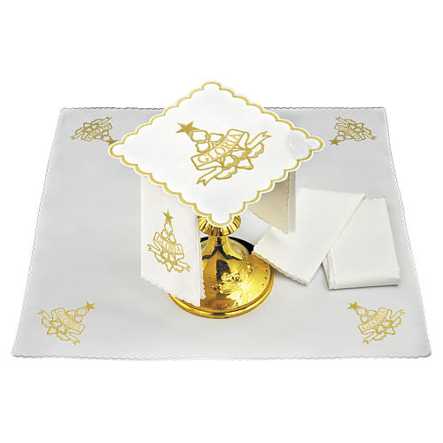 Conjunto alfaia litúrgica algodão bordado dourado Glória e estrela 1