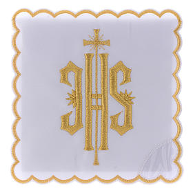 Conjunto alfaia litúrgica algodão símbolo IHS bordado dourado