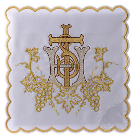 Conjunto alfaia litúrgica algodão cachos uva cruz bordado dourado
