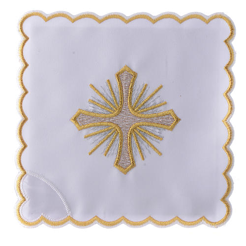Conjunto alfaia litúrgica algodão cruz raios bordado dourado 1