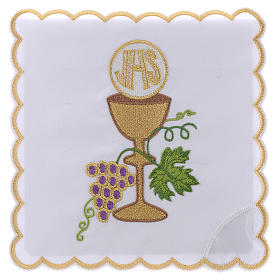 Conjunto alfaia litúrgica algodão uva bordos dourados cálice hóstia IHS