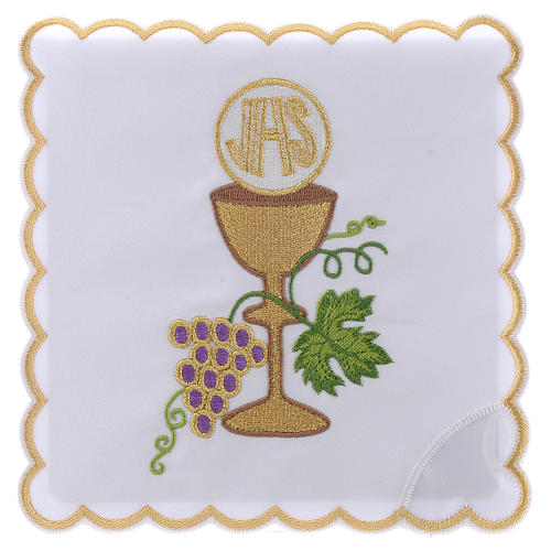 Conjunto alfaia litúrgica algodão uva bordos dourados cálice hóstia IHS 1