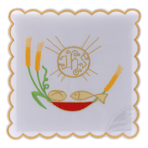 Conjunto alfaia litúrgica algodão pão peixe trigo símbolo IHS 1