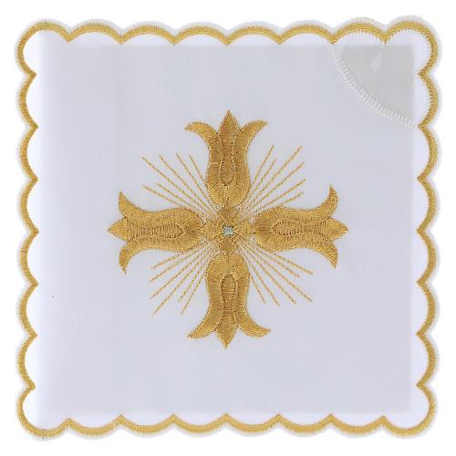 Conjunto de alfaia litúrgica algodão cruz dourada estilo barroco com raios 1