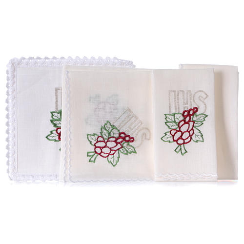 Altar linen 4 piece set with embroidered grapes leaves JHS 2