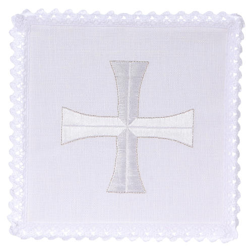 Linge d'autel lin broderie croix blanche argent 1