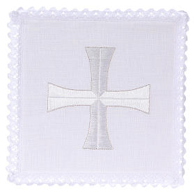 Conjunto de alfaia litúrgica linho bordado cruz branca prata
