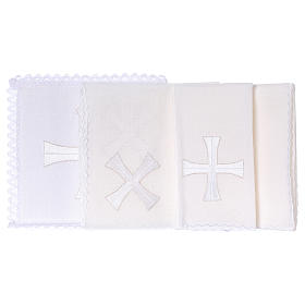 Conjunto de alfaia litúrgica linho bordado cruz branca prata