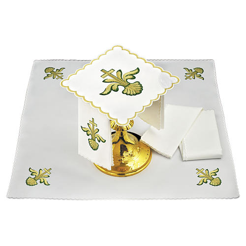 Mass linens set with baroque golden Cross, green shades 1