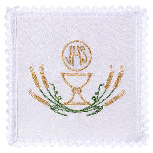 Altar linen stylised green yellow wheat, chalice and JHS 1