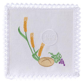 Bielizna kielichowa i welony: Bielizna kielichowa len chleb winogron kłosy symbol JHS