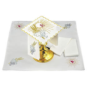 Altar linens: Mass linen grey embroidery grapes spikes rays JHS, cotton Altar linens: Mass linen grey embroidery grapes spikes rays JHS, cotton