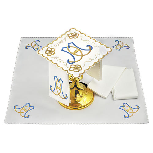 Conjunto alfaia altar algodão iniciais azuis ouro Santíssimo Nome de Maria 1
