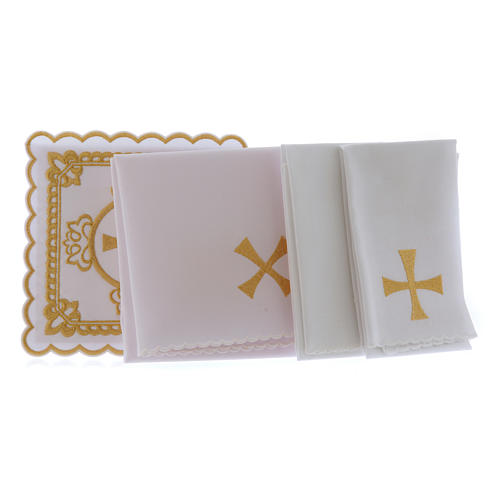 Set linge autel coton croix décors brodés dorés 2