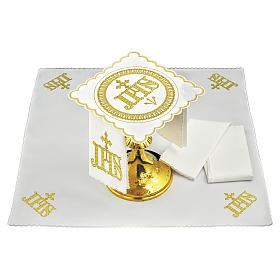 Set linge autel coton symbole IHS position centrale et broderie dorée