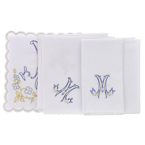Altar linen blue embroidery Marian symbol, cotton 3