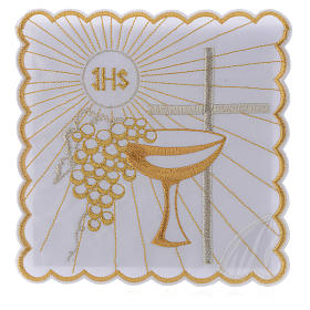Altar linen golden chalice grapes white cross, cotton