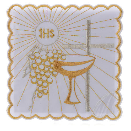 Set linge autel coton calice raisin doré croix blanche 1