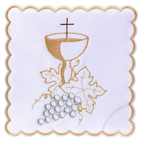 Mass linen white grapes leaves and golden chalices, cotton 1