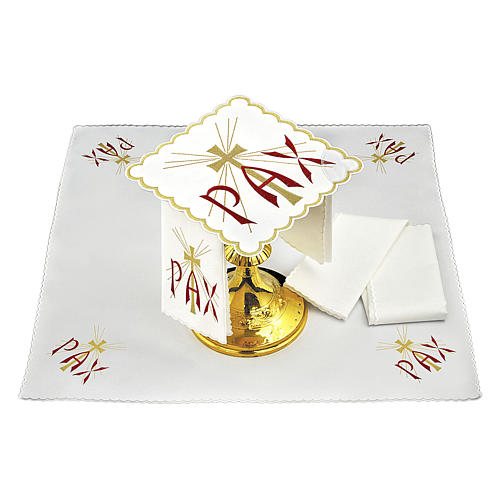 Altar linen red PAX and golden cross with rays, cotton 2