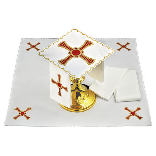 Conjunto altar algodão cruz vermelha ouro com riscas 1