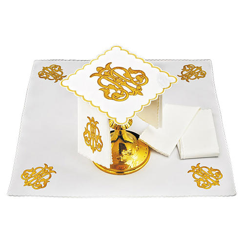 Church altar linen set JHS symbol dark gold embroidery, cotton 1