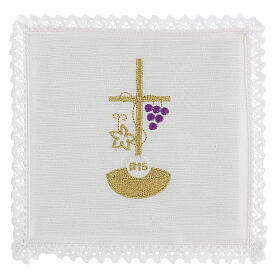 Linge d'autel lin corde croix raisin feuille dorée IHS