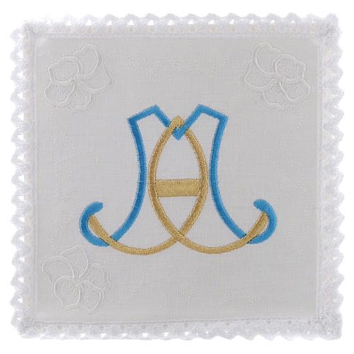 Altar linen Holy Mary initials light blue and gold 1