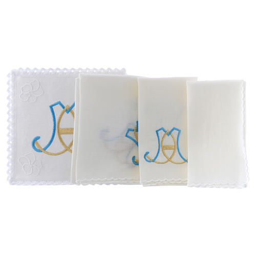 Altar linen Holy Mary initials light blue and gold 2