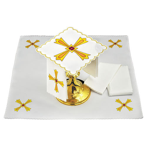 Conjunto para altar linho cruz amarela laranja flor vermelha 2