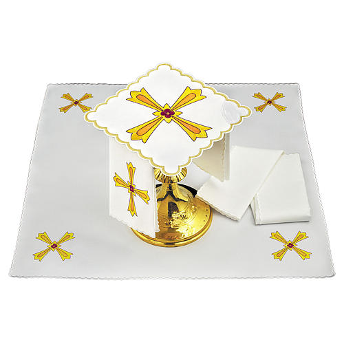 Conjunto para altar linho cruz amarela laranja flor vermelha 1