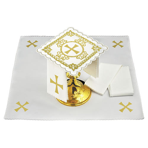 Conjunto para altar linho cruz decorações bordadas douradas 1