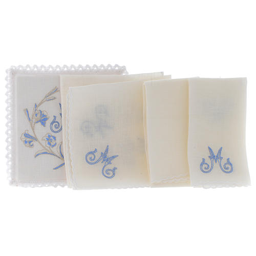 Linge pour autel lin M marial gris bleu clair avec fleurs 2
