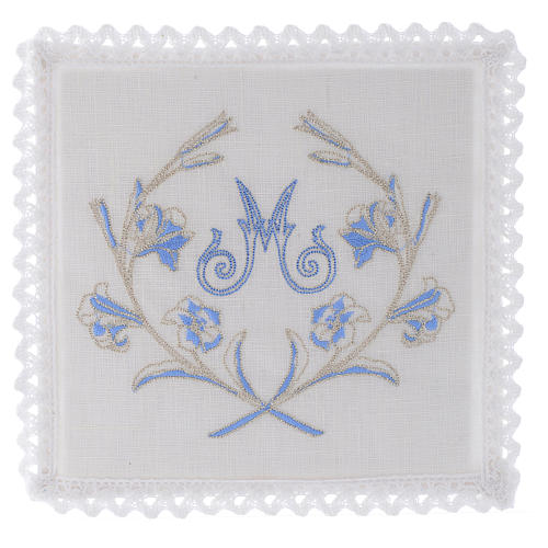 Church cloth linens Marian symbol grey & blue with flowers 1