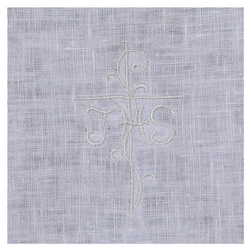 White amice in pure linen with white cross and JHS embroidery 2