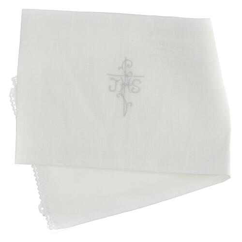 White amice in pure linen with white cross and JHS embroidery 3