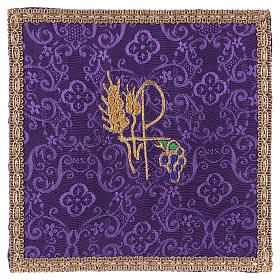 Chalice veil (pall) with Xp, wheat and grapes embroidery on purple jacquard fabric
