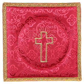 Red damask fabric chalice pall with cross embroidery