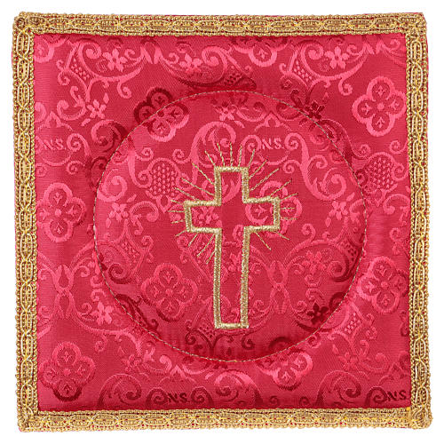 Red damask fabric chalice pall with cross embroidery 1