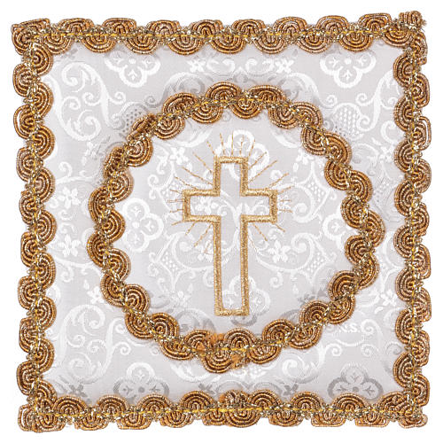 Chalice veil (pall) with cross and embroidery, white damask fabric 1