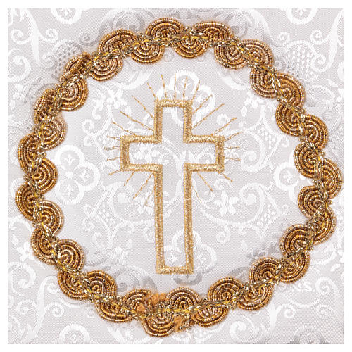 Chalice veil (pall) with cross and embroidery, white damask fabric 2