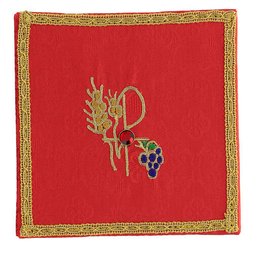 Pall with Chi-Rho, ear of wheat and grapes, red satin and jacquard, 15x15 cm 1