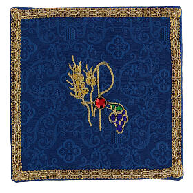 Pall of blue moiré fabric, ear of wheat and grapes, golden passementerie, 15x15 cm